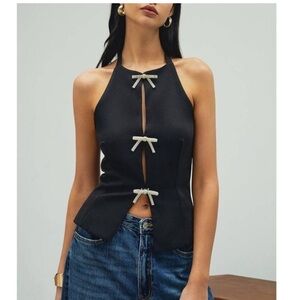 Zara Black Halter Top with Cream Bow Accents